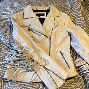 Black rivet leather jacket, fringe, moto, country, XS women's